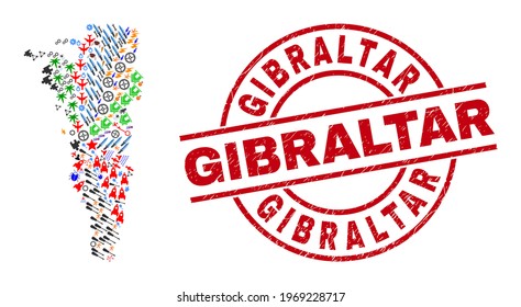 Gibraltar map collage and grunge Gibraltar red round stamp seal. Gibraltar stamp uses vector lines and arcs. Gibraltar map collage contains gears, houses, lamps, bugs, hands, and more symbols.