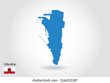 gibraltar map design with 3D style. Blue gibraltar map and National flag. Simple vector map with contour, shape, outline, on white.