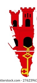 Gibraltar Map with National Flag Design and Accurate Geographic Contours. Professional vector silhouette featuring the white and red flag with the iconic red castle and golden key. Ideal for Mediterranean shipping, maritime trade logistics, British Overseas Territory tourism, and geopolitical travel guides. Clean 2D minimalist graphic