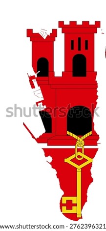 Gibraltar Map with National Flag Design and Accurate Geographic Contours. Professional vector silhouette featuring the white and red flag with the iconic red castle and golden key. Ideal for Mediterranean shipping, maritime trade logistics, British Overseas Territory tourism, and geopolitical travel guides. Clean 2D minimalist graphic