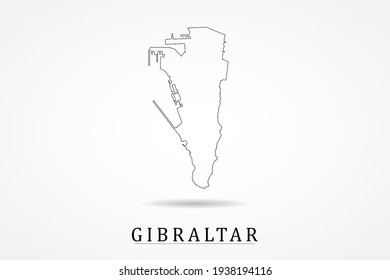 Mapa de Gibraltar- Mapa mundial Plantilla vectorial internacional con un contorno negro delgado o un esquema de dibujo gráfico estilo y color negro aislado en fondo blanco - Ilustración vectorial eps 10