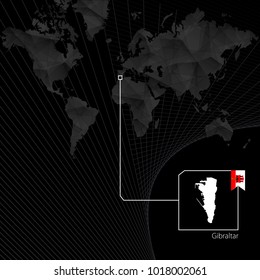 Gibraltar on black World Map. Map and flag of Gibraltar.