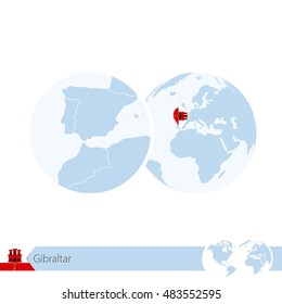 Gibraltar on world globe with flag and regional map of Gibraltar. Vector Illustration.
