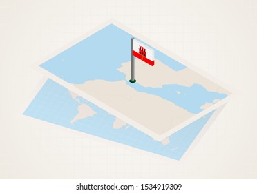 Gibraltar selected on map with isometric flag of Gibraltar. Vector paper map.