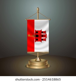 Bandera de mesa de Vertical de Gibraltar con poste de oro sobre fondo degradado oscuro, Ilustración vectorial de Anuncio de Plantilla