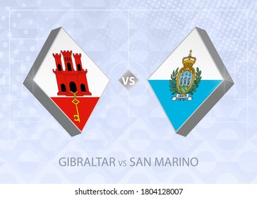 Gibraltar vs San Marino, League D, Group 2. European Football Competition on blue soccer background.