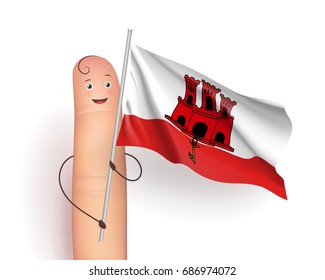 Gibraltar waving flag. Finger man holding country identify item, wind waving fabric, homeland attachment. Vector realistic illustration on white background