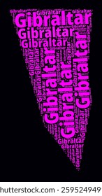 Gibraltar Word Cloud. Region names of the country in English language. Bright neon style design on dark background. Gibraltar shape with administrative division. Classy vector illustration.