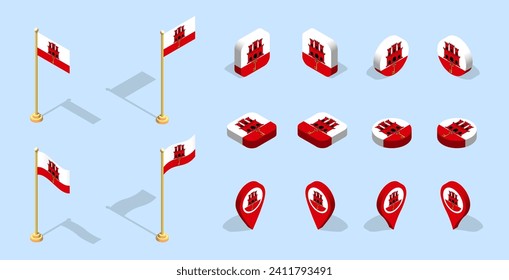 Gibraltarian flag (Gibraltar). 3D isometric flag set icon. Vector for banner, poster, presentation, infographic, website, apps, maps, and other uses.