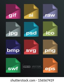 Gif, ai, raw, jpg, psd, ico, bmp, svg, png, swf, eps flat icons extension image formats isolated on black.