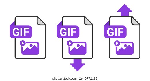 GIF File Download and Upload Icon Set with Purple Arrow Symbol on Transparent Background for Animated Image Transfer, Data Sharing and File Exchange Vector Illustration