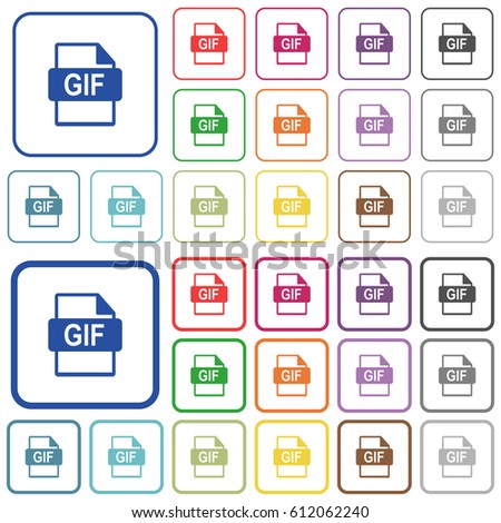 GIF file format color flat icons in rounded square frames. Thin and thick versions included.
