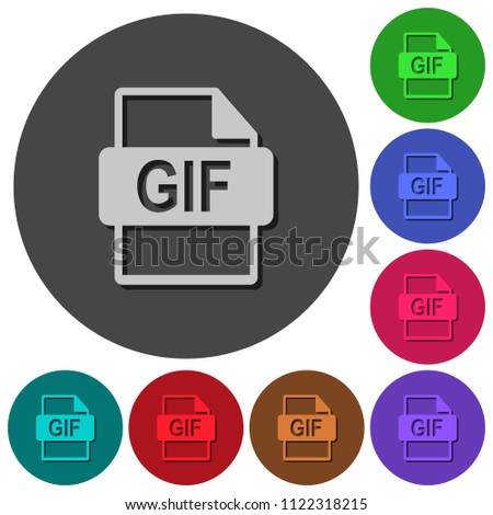 GIF file format icons with shadows on color round backgrounds for material design