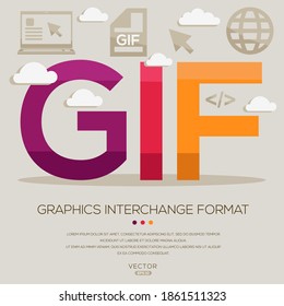 GIF significa (Formato de intercambio de gráficos) Acrónimos de ordenador e Internet, letras e iconos ,Ilustración vectorial.
