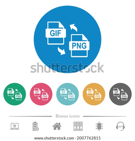 GIF PNG file conversion flat white icons on round color backgrounds. 6 bonus icons included.