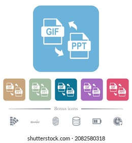 GIF Conversión de archivos PPT iconos planos blancos en fondo cuadrado redondeado de color. 6 iconos de bonificación incluidos