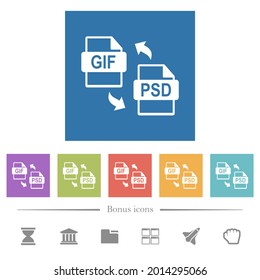 GIF PSD file conversion flat white icons in square backgrounds. 6 bonus icons included.