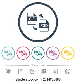 GIF PSD file conversion flat color icons in round outlines. 6 bonus icons included.