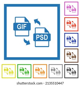 GIF PSD file conversion flat color icons in square frames on white background