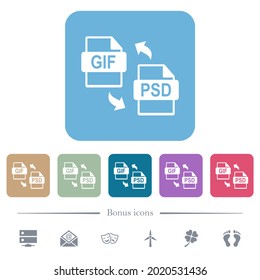 GIF PSD file conversion white flat icons on color rounded square backgrounds. 6 bonus icons included