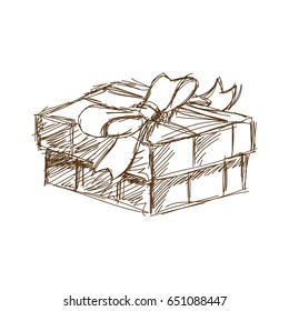 giff box with bow at black and white engraving style.