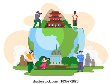 Gifferent people are making photos of architecture of the whole world. Tourists around the planet are taking pictures of famous landmarks. Professional photographers are working near the globe