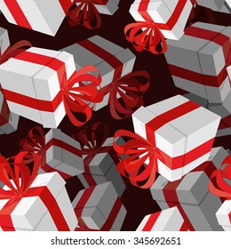 Gift 3D background. Festive white box and red bow. Seamless pattern for any holiday. New year/ Christmas/ birthday. 