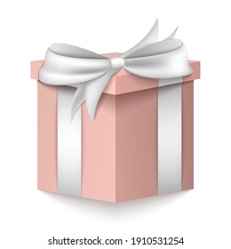 Gift 3D box. Pink box with silver ribbon isolated on white background. Vector illustration