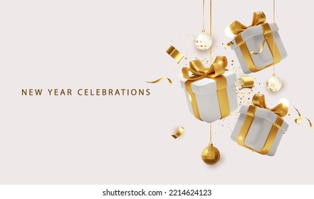 Gift 3d boxes with golden ribbon and bow and confetti , isolated on transparent background. Blank for a holiday banner or postcard