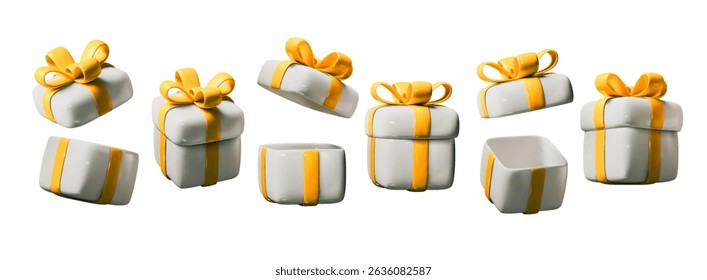 Gift 3D glossy. White box, yellow ribbon, golden decoration party. Realistic surprise packaging for Xmas, birthday present. Giftbox open, render New year objects. Vector illustration set