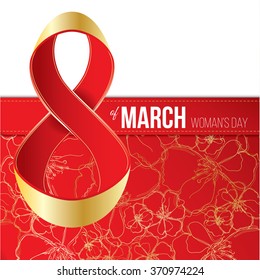 Gift for 8 March, Women's Day. Red and gold ribbon in the shape of infinity.