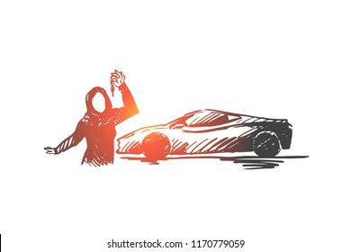 Gift, acquisition, hijab, islam, girl, car concept. Hand drawn muslim woman with car keys concept sketch. Isolated vector illustration.