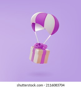 Gift airdrop. Present falling with parachute. Realistic 3d vector concept.