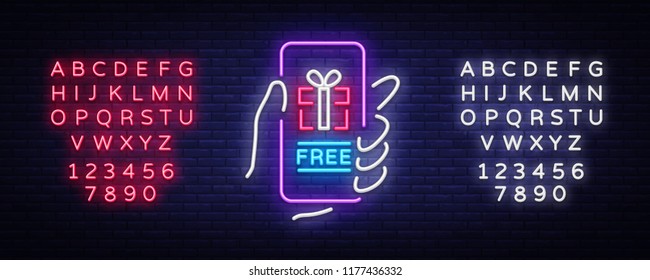 Gift app page on smartphone screen Neon Sign. Gift neon sign, Bonus in smartphone. Modern concept for web banners, web sites, infographics. Vector illustration. Editing text neon sign