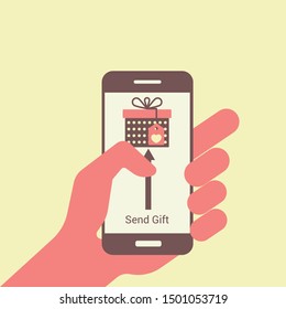 Gift app page on smartphone screen. Hand hold smartphone, finger touch sign in button