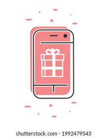 Página de aplicación de regalo en la pantalla del smartphone. Gran caja de regalo en pantalla. Concepto móvil para banners web, sitios web, infografías. Ilustración plana de dibujos animados.
