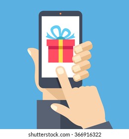 Gift app page on smartphone screen. Hand hold smartphone, finger touch sign in button. Mobile account. Modern concept for web banners, web sites, infographics. Creative flat design vector illustration