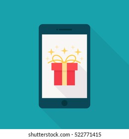 Gift app page on the smartphone  vector illustration flat modern style. 