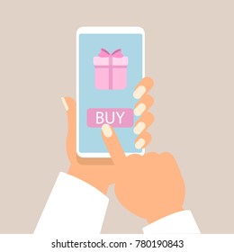 Gift app page on smartphone screen, with man hands holding the phone. vector