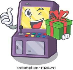 With gift arcade machine next to mascot table