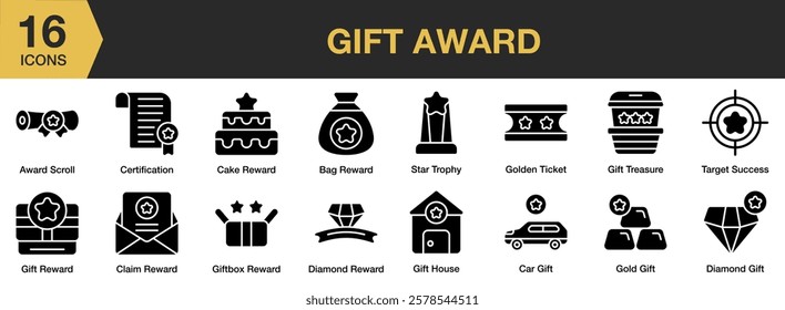 Gift Award solid icon set. Includes gift, award, reward, winner, prize, premium, and More. Solid icons vector collection.