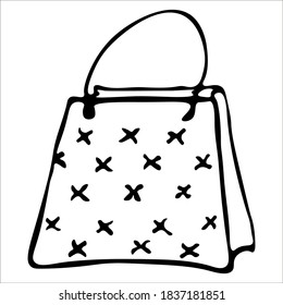Gift bag. Beautiful package with a pattern. Single doodle vector illustration. Hand drawn.