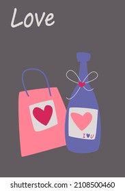 A gift bag and a bottle of champagne. Vector image in boho style. valentine's day. Greeting card with a declaration of love.