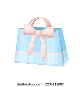 Gift bag with bow of ribbons and handles vector illustration. Cartoon isolated blue paper package with pastel pattern for romantic present, front view of luxury shopping bag for fashion surprise gift