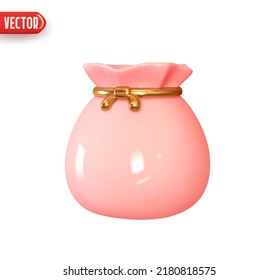 Gift Bag Closed. Pink Sack With Gold Thread. Christmas And New Year's Bag With Surprise. Realistic 3d Design Element In Plastic Cartoon Style. Icon Isolated On White Background. Vector Illustration