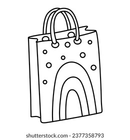 Gift bag decorated with rainbow hand drawn doodle vector illustration black outline. Great for coloring and greeting cards.	