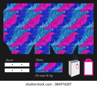 Gift bag design template with feather texture and empty tag. EPS 10 vector layout. 