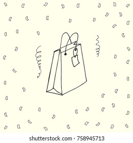 Gift bag. Falling confetti. Christmas and New Year greeting card in free hand style.