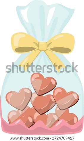 Gift bag filled with mixed heart-shaped candies, symbolizing love, gifts, and sweet Valentine surprises.