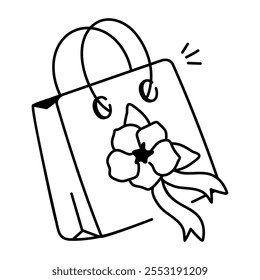 Gift bag with a floral ribbon on it, doodle icon 

